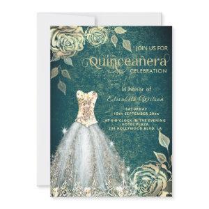 Chic green Gold roses trendy dress Quinceañera Inv