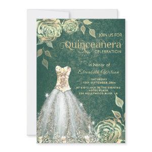 Chic green Gold roses trendy dress Quinceañera