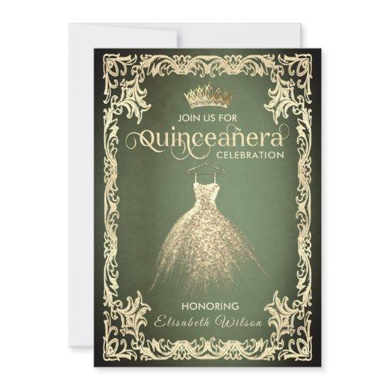 Chic green luxury gold dress tiara Quinceañera
