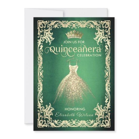 Chic green luxury gold dress tiara Quinceañera