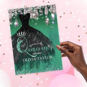 Chic green silver glitter drips Quinceanera