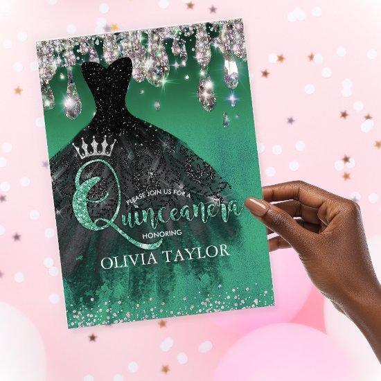 Chic green silver glitter drips Quinceanera