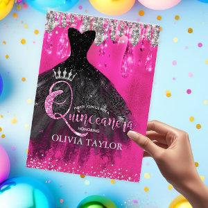 Chic hot pink silver glitter drips Quinceanera