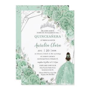 Chic Mint Green Floral Princess Silver Quinceañera