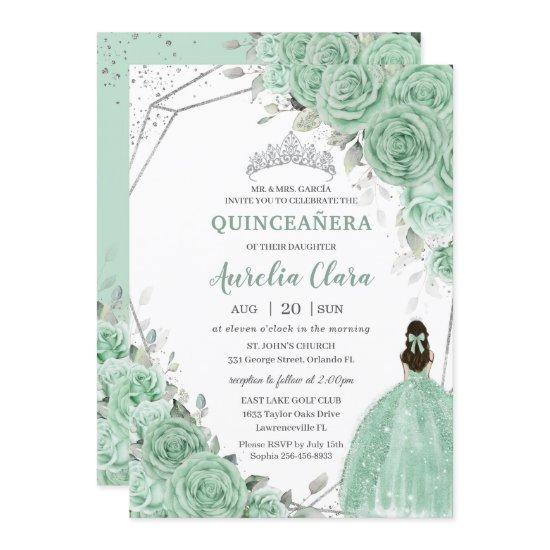 Chic Mint Green Floral Princess Silver Quinceañera