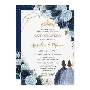 Chic Navy Baby Blue Floral Girls Twins Quinceañera