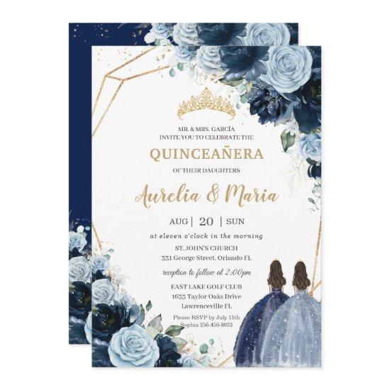 Chic Navy Baby Blue Floral Girls Twins Quinceañera