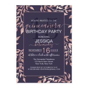 Chic Navy Blue Rose Gold Floral Leaves Quinceañera