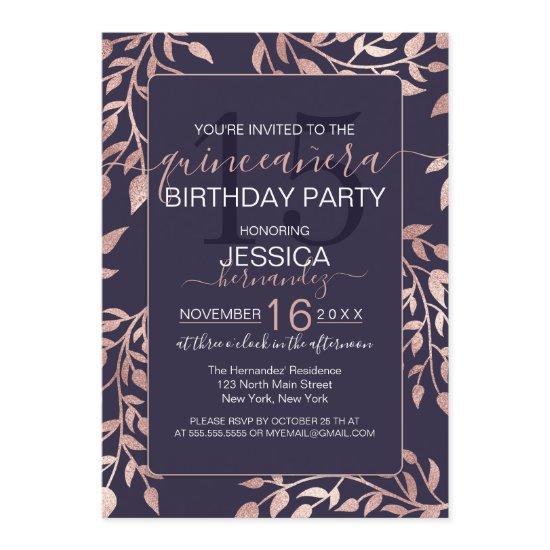 Chic Navy Blue Rose Gold Floral Leaves Quinceañera
