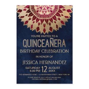 Chic Navy Burgundy Gold Floral Mandala Quinceañera
