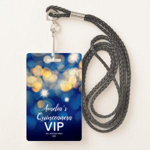 Chic Navy Gold Bokeh Quinceañera Invite VIP Pass Badge