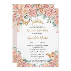 Chic Pastel Blush Peach Floral Roses Quinceanera