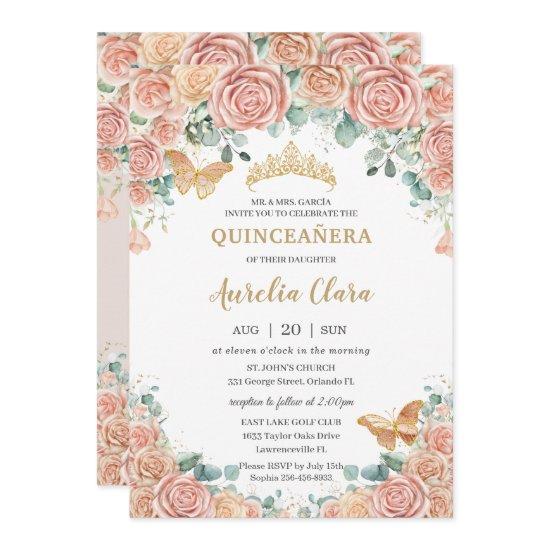 Chic Pastel Blush Peach Floral Roses Quinceanera