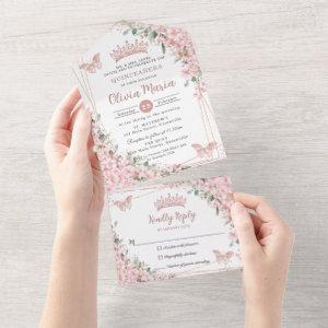 Chic Pink Cherry Blossoms Rose Gold Quinceañera  All In One