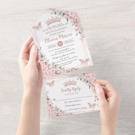 Chic Pink Cherry Blossoms Rose Gold Quinceañera  All In One