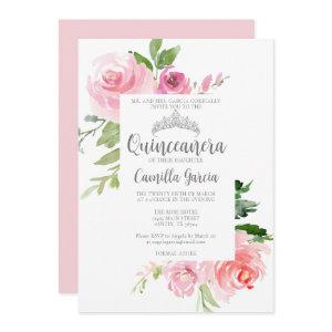 Chic Pink Floral Quinceañera Silver Tiara Party