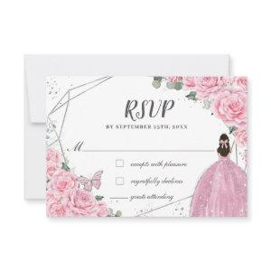 Chic Pink Floral Roses Silver Quinceañera Princess RSVP Card