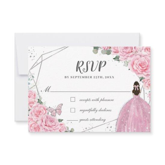 Chic Pink Floral Roses Silver Quinceañera Princess RSVP Card
