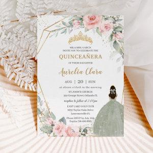 Chic Pink Floral Sage Green Princess Quinceañera