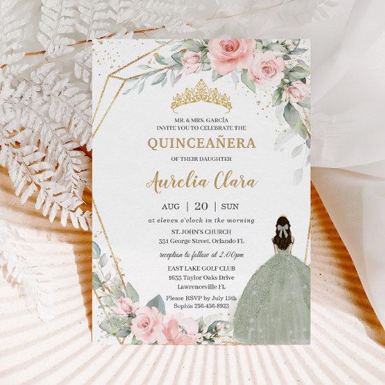 Chic Pink Floral Sage Green Princess Quinceañera