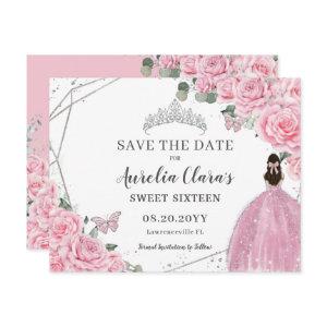 Chic Pink Floral Silver Quinceanera Sweet Sixteen Save The Date