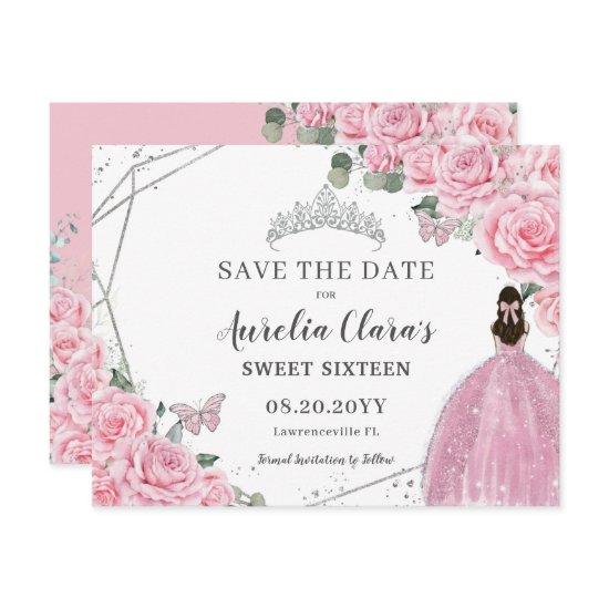 Chic Pink Floral Silver Quinceanera Sweet Sixteen Save The Date