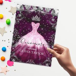 Chic pink purple floral glitter gown Quinceanera