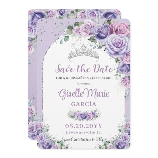 Chic Purple Lilac Floral Quinceañera Silver Arch  Save The Date