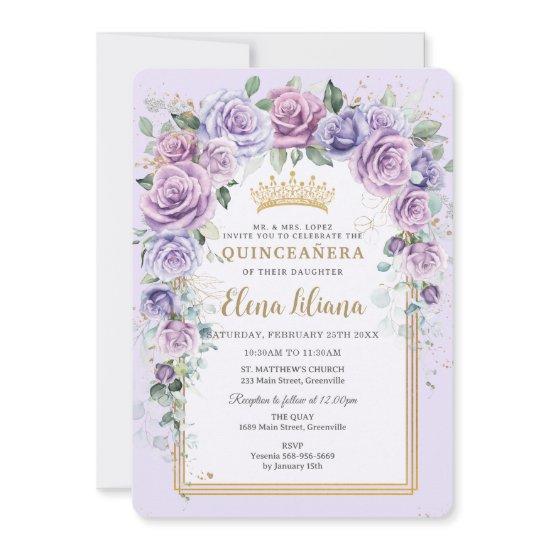 Chic Purple Lilac Lavender Floral Gold Quinceañera
