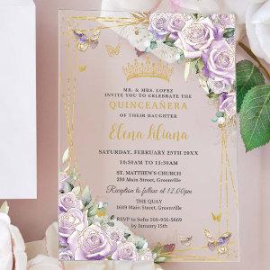 Chic Purple Lilac Roses Floral Gold Quinceañera XV Acrylic