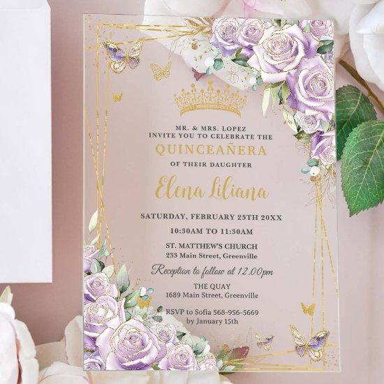 Chic Purple Lilac Roses Floral Gold Quinceañera XV Acrylic