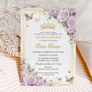 Chic Purple Lilac Roses Floral Gold Quinceañera XV