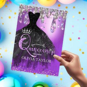 Chic purple silver glitter drips Quinceanera