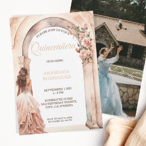 Chic Quinceañera Blush Dress Floral Arch Photo
