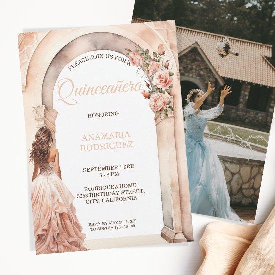 Chic Quinceañera Blush Dress Floral Arch Photo