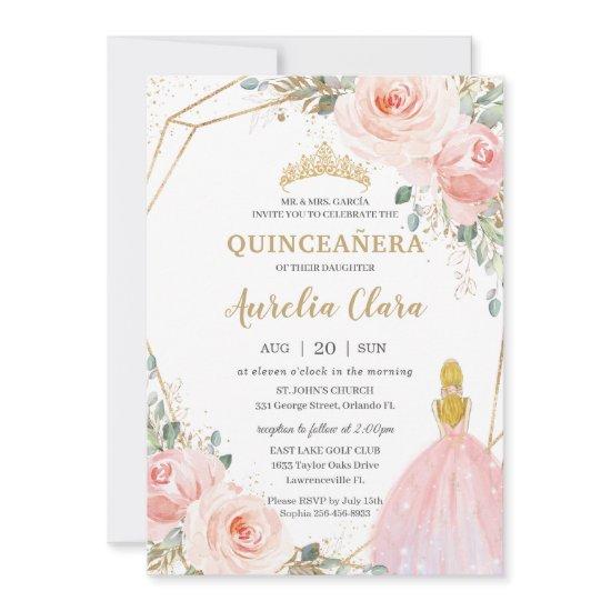 Chic Quinceañera Blush Pink Floral Blonde Birthday