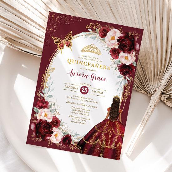 Chic Quinceañera Burgundy Blush Floral Butterfly