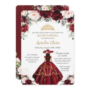 Chic Quinceañera Burgundy Blush Floral Charro Gold