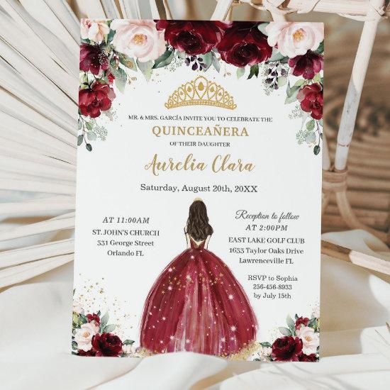 Chic Quinceañera Burgundy Blush Floral Princess