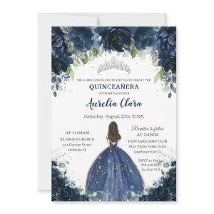 Chic Quinceañera Navy Blue Floral Princess Silver