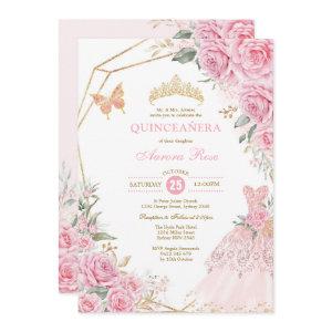Chic Quinceañera Pink Gold Roses Crown Princess