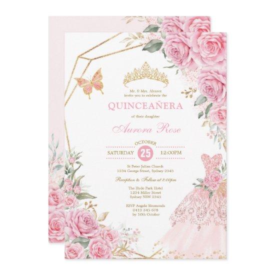 Chic Quinceañera Pink Gold Roses Crown Princess