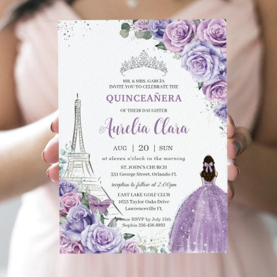 Chic Quinceañera Purple Floral Paris Eiffel Silver