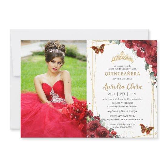 Chic Quinceañera Red Floral Gold Butterflies Photo