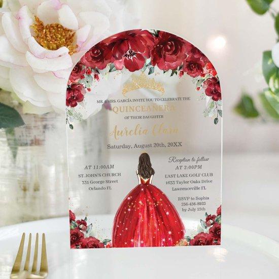 Chic Quinceañera Red Floral Roses Princess Arch Acrylic