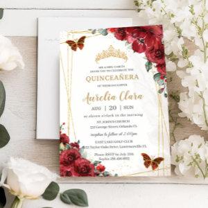 Chic Quinceañera Red Flowers Floral Gold Butterfly