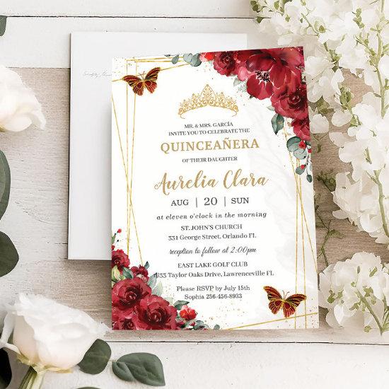Chic Quinceañera Red Flowers Floral Gold Butterfly