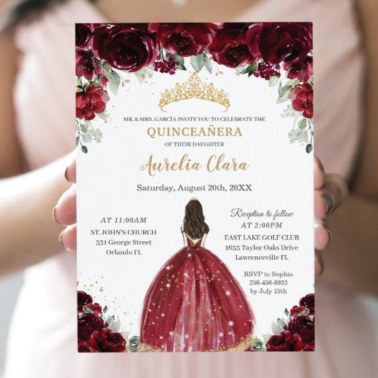 Chic Quinceañera Rich Burgundy Red Floral Princess