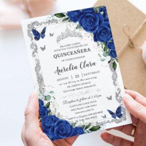 Chic Quinceañera Royal Blue Floral Vintage Silver