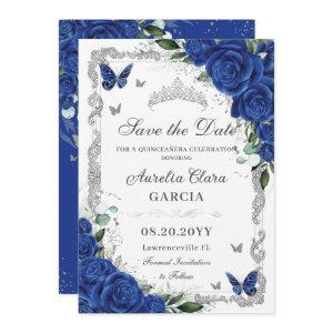Chic Quinceañera Royal Blue Floral Vintage Silver Save The Date